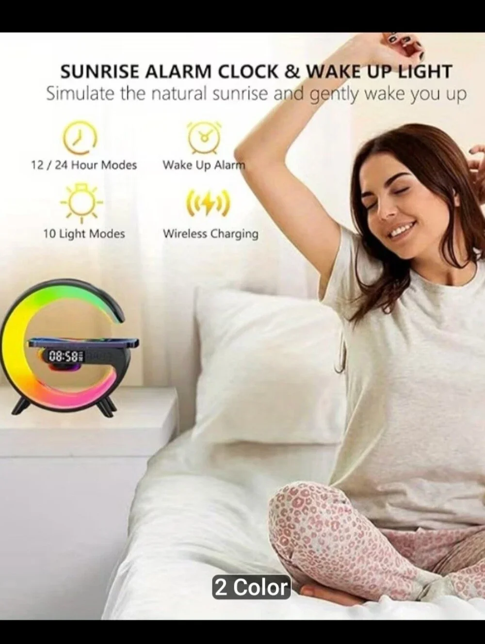 Black RGB Wireless Charging Alarm Clock with Bluetooth Speaker